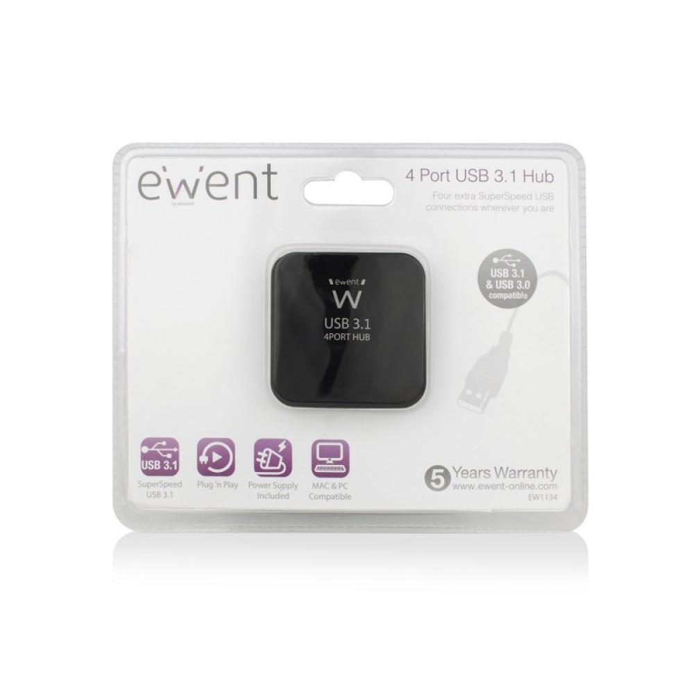 Ewent - EW1134 hub de interfaz USB 3.2 Gen 2 (3.1 Gen 2) Type-A 5000 Mbit/s Negro