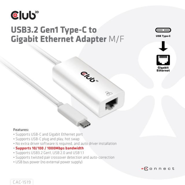 CLUB3D - CAC-1519 cambiador de género para cable USB-C RJ-45 Blanco