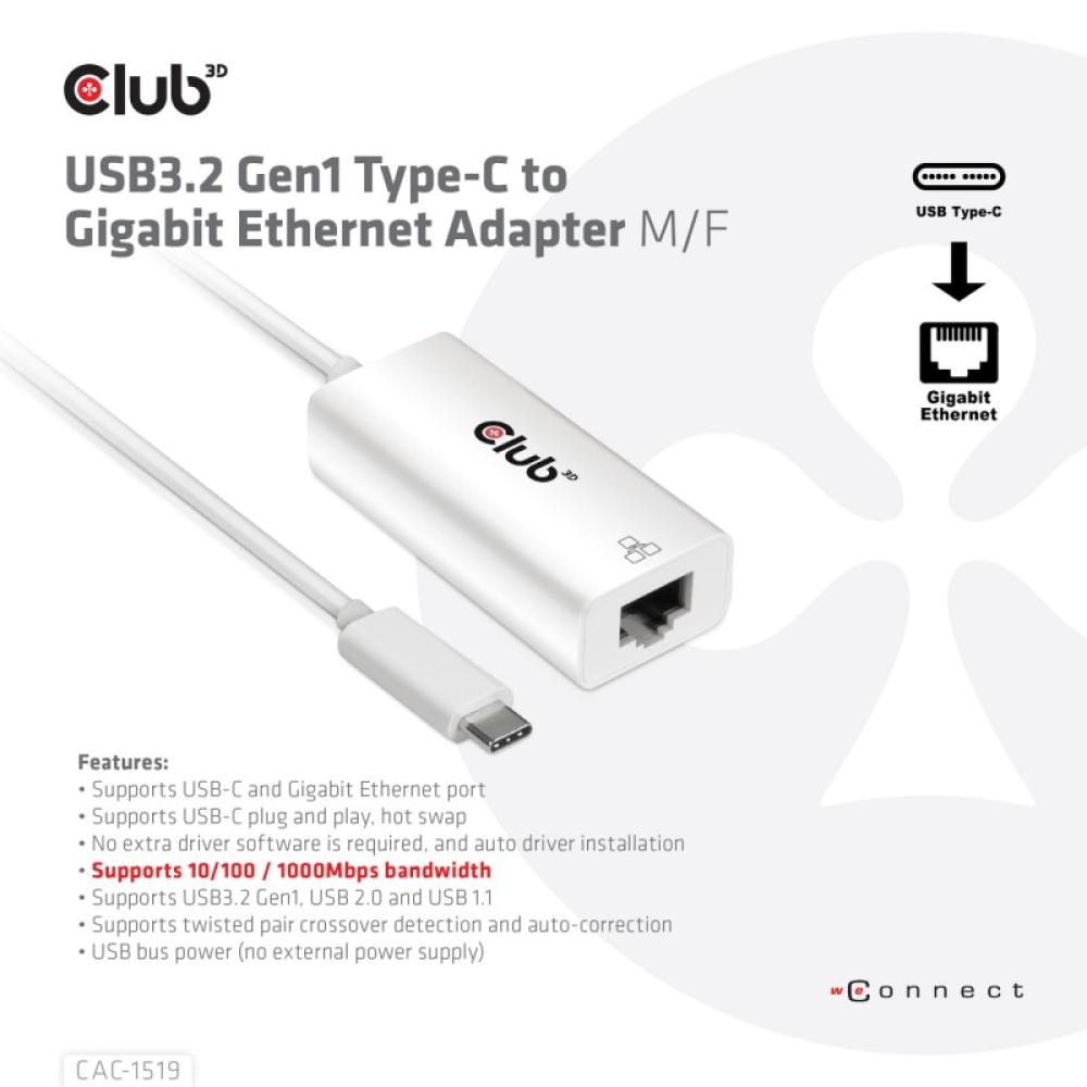 CLUB3D - CAC-1519 cambiador de género para cable USB-C RJ-45 Blanco