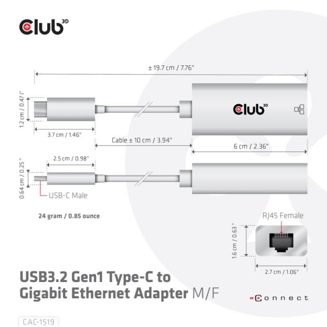 CLUB3D - CAC-1519 cambiador de género para cable USB-C RJ-45 Blanco
