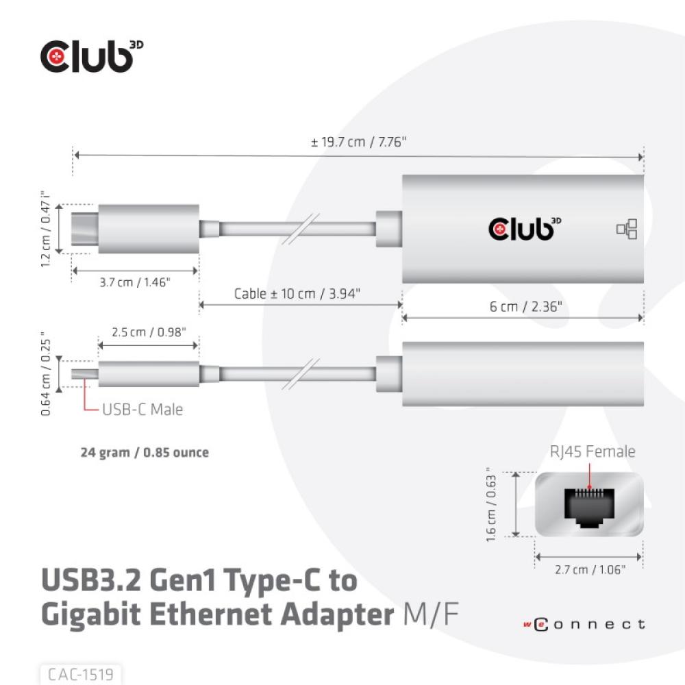 CLUB3D - CAC-1519 cambiador de género para cable USB-C RJ-45 Blanco