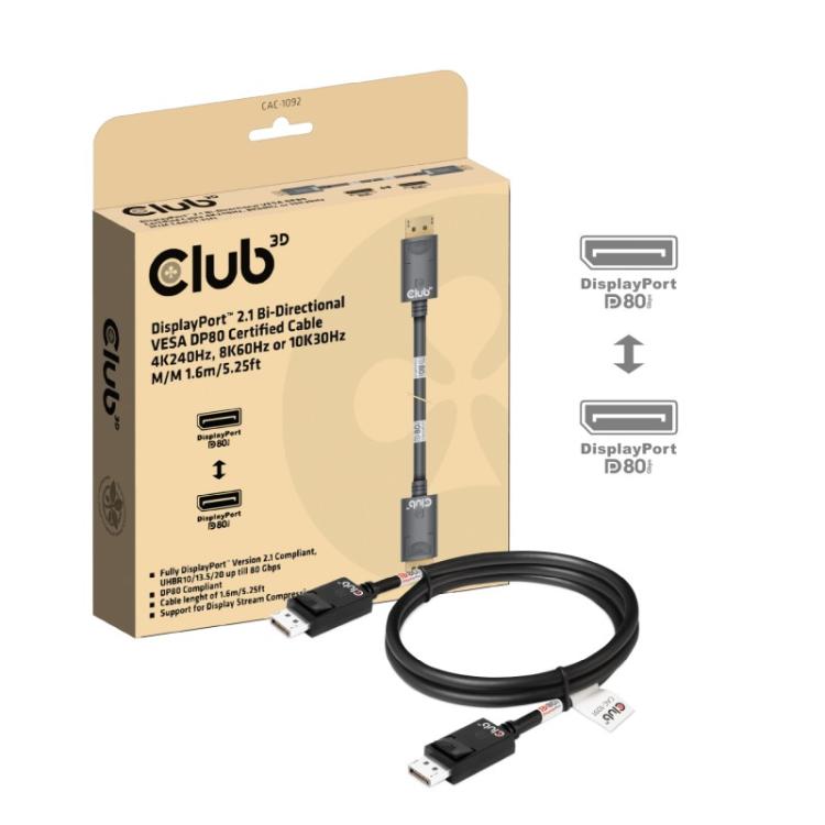 CLUB3D - DisplayPort™ 2.1 Cable certificado VESA DP80 bidireccional 4K240Hz, 8K60Hz u 10K60Hz M/M 1.6m/5.25ft