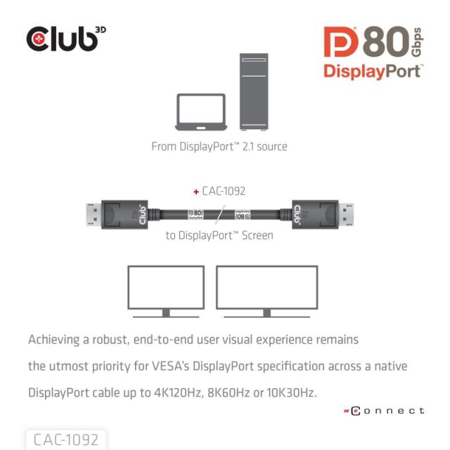 CLUB3D - DisplayPort™ 2.1 Cable certificado VESA DP80 bidireccional 4K240Hz, 8K60Hz u 10K60Hz M/M 1.6m/5.25ft