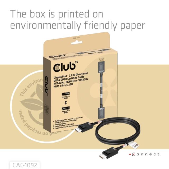 CLUB3D - DisplayPort™ 2.1 Cable certificado VESA DP80 bidireccional 4K240Hz, 8K60Hz u 10K60Hz M/M 1.6m/5.25ft