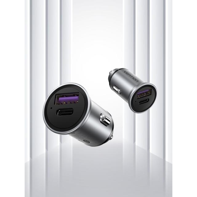 Vention - Cargador de Coche FFFH0/ 1xUSB-Tipo C/ 1xUSB/ 30W