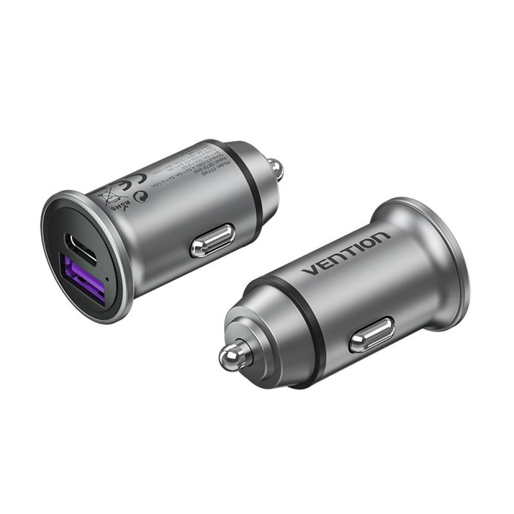 Vention - Cargador de Coche FFFH0/ 1xUSB-Tipo C/ 1xUSB/ 30W