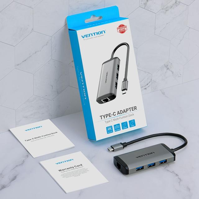 Vention - Docking USB Tipo-C CNCHB/ 1xHDMI/ 3xUSB/ 1xUSB Tipo-C PD/ 1xRJ45/ Gris