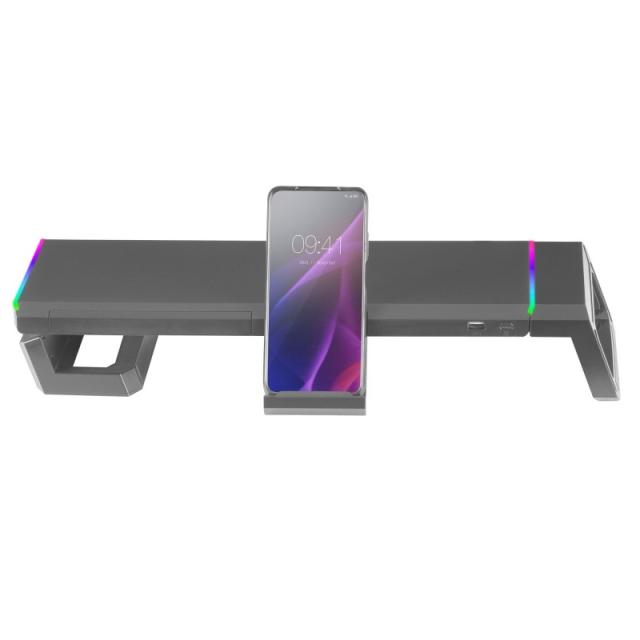Mars Gaming - MGS-ONE Negro, Soporte Monitor RGB Chroma, Tamaño Ajustable, Soporte Smartphone y Tablet, USB Frontal 2.0