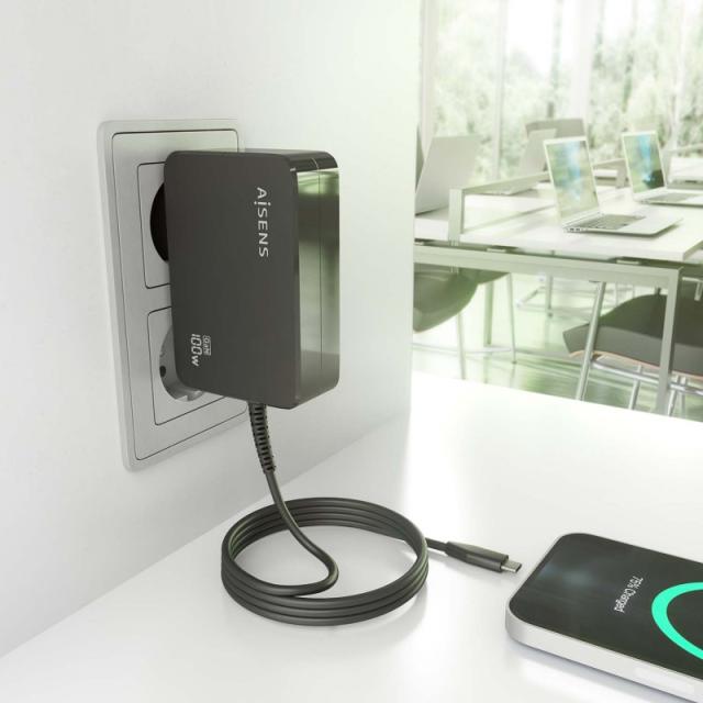 AISENS - Cargador GaN 100W PD3.0 1xUSB-C 1.8m, Negro