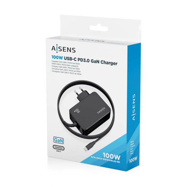AISENS - Cargador GaN 100W PD3.0 1xUSB-C 1.8m, Negro