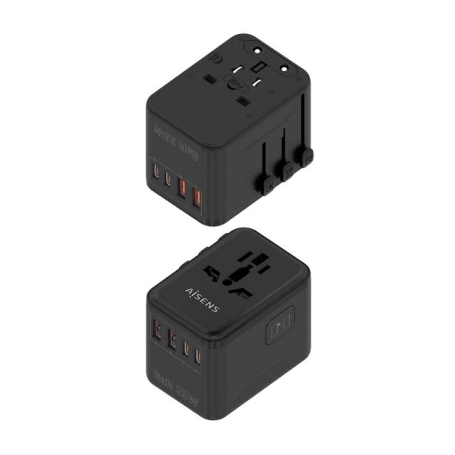 AISENS - Adaptador Enchufe Universal Para Viaje EU/USA/UK/AU Con Cargador USB GaN, 2xUSB-A QC3.0, 2xUSB-C PD3.0 25W, Negro