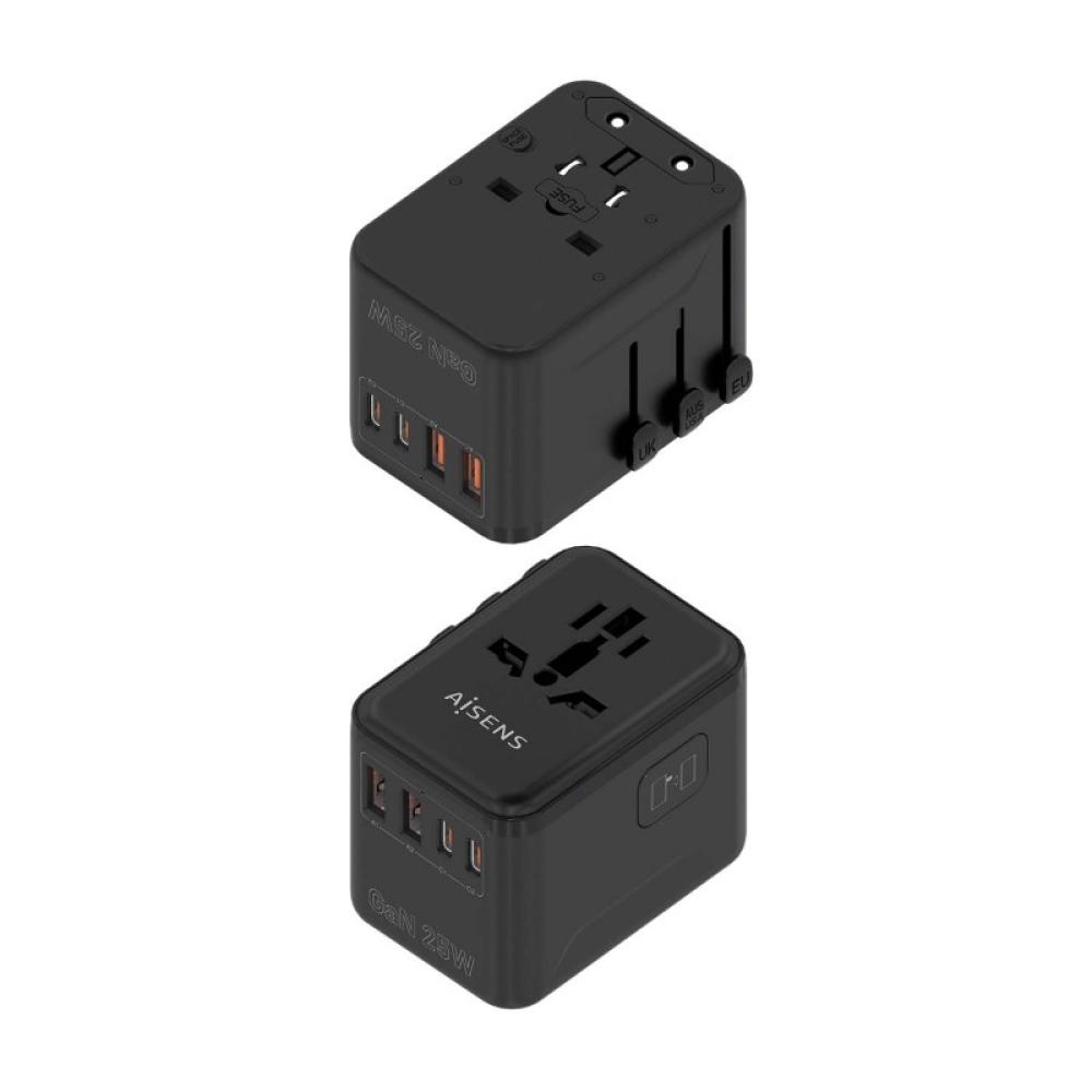 AISENS - Adaptador Enchufe Universal Para Viaje EU/USA/UK/AU Con Cargador USB GaN, 2xUSB-A QC3.0, 2xUSB-C PD3.0 25W, Negro