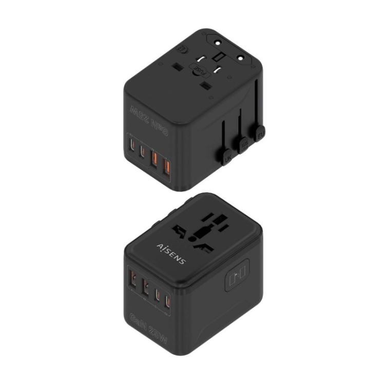 AISENS - Adaptador Enchufe Universal Para Viaje EU/USA/UK/AU Con Cargador USB GaN, 2xUSB-A QC3.0, 2xUSB-C PD3.0 25W, Negro