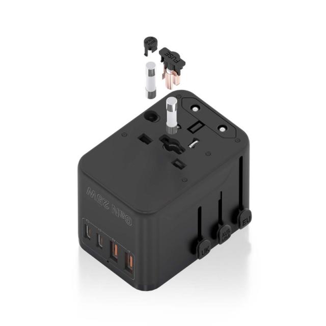 AISENS - Adaptador Enchufe Universal Para Viaje EU/USA/UK/AU Con Cargador USB GaN, 2xUSB-A QC3.0, 2xUSB-C PD3.0 25W, Negro