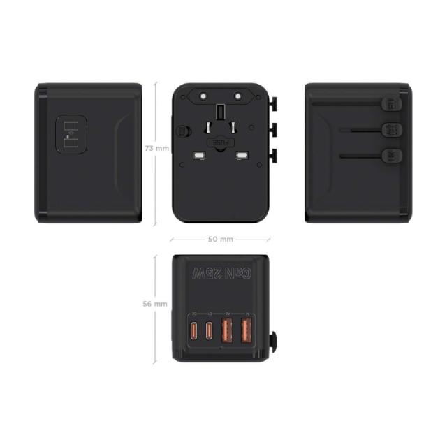 AISENS - Adaptador Enchufe Universal Para Viaje EU/USA/UK/AU Con Cargador USB GaN, 2xUSB-A QC3.0, 2xUSB-C PD3.0 25W, Negro