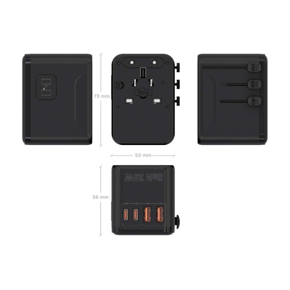 AISENS - Adaptador Enchufe Universal Para Viaje EU/USA/UK/AU Con Cargador USB GaN, 2xUSB-A QC3.0, 2xUSB-C PD3.0 25W, Negro