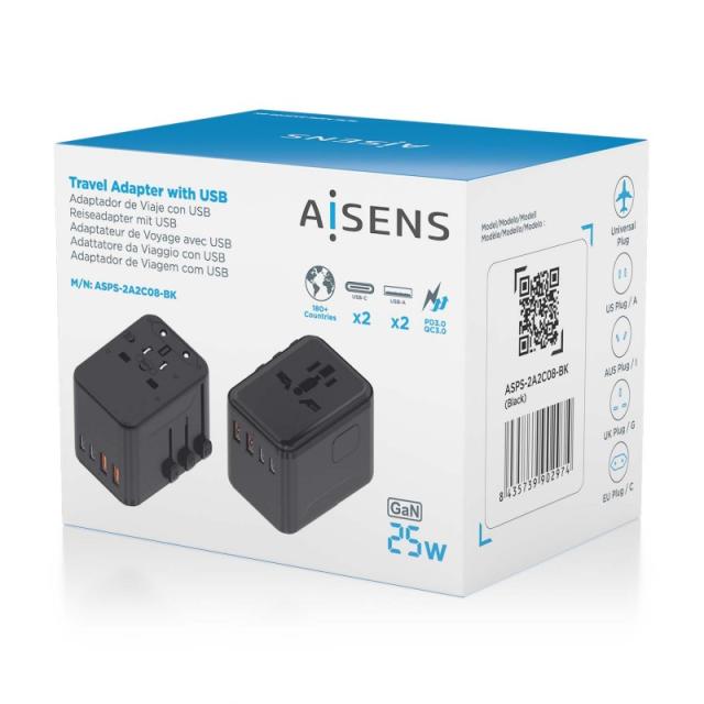 AISENS - Adaptador Enchufe Universal Para Viaje EU/USA/UK/AU Con Cargador USB GaN, 2xUSB-A QC3.0, 2xUSB-C PD3.0 25W, Negro