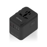 AISENS - Adaptador Enchufe Universal Para Viaje EU/USA/UK/AU Con Cargador USB GaN, 2xUSB-A QC3.0, 2xUSB-C PD3.0 25W, Negro