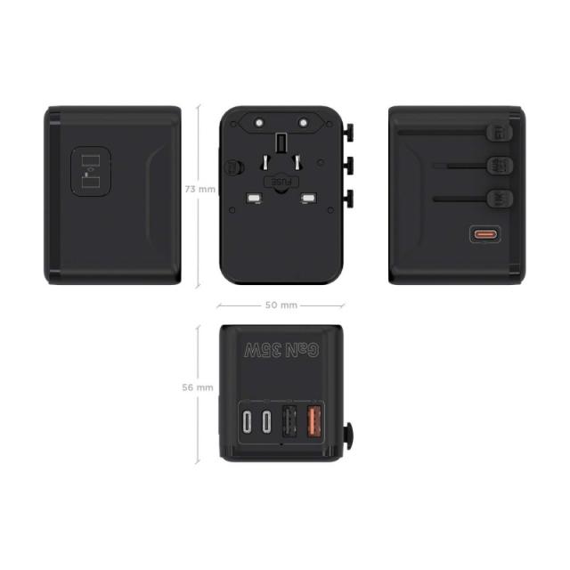 AISENS - Adaptador Enchufe Universal Para Viaje EU/USA/UK/AU Con Cargador USB GaN, 2xUSB-A (A1 QC3.0), 3xUSB-C (C1 PD3.0) 35W, N