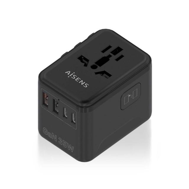 AISENS - Adaptador Enchufe Universal Para Viaje EU/USA/UK/AU Con Cargador USB GaN, 2xUSB-A (A1 QC3.0), 3xUSB-C (C1 PD3.0) 35W, N