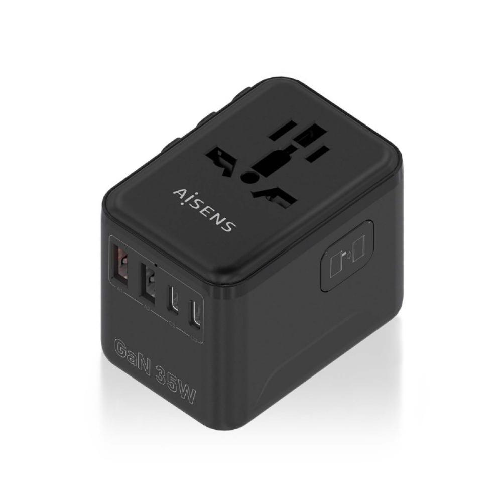 AISENS - Adaptador Enchufe Universal Para Viaje EU/USA/UK/AU Con Cargador USB GaN, 2xUSB-A (A1 QC3.0), 3xUSB-C (C1 PD3.0) 35W, N