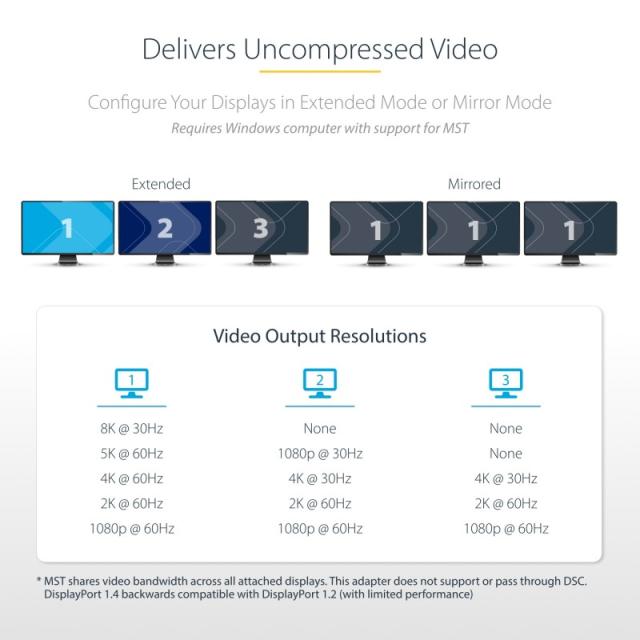StarTech.com - Hub MST de 3 Puertos DisplayPort 1.4 - Divisor Splitter DP para 3 Monitores - Adaptador DisplayPort a 3x DisplayP