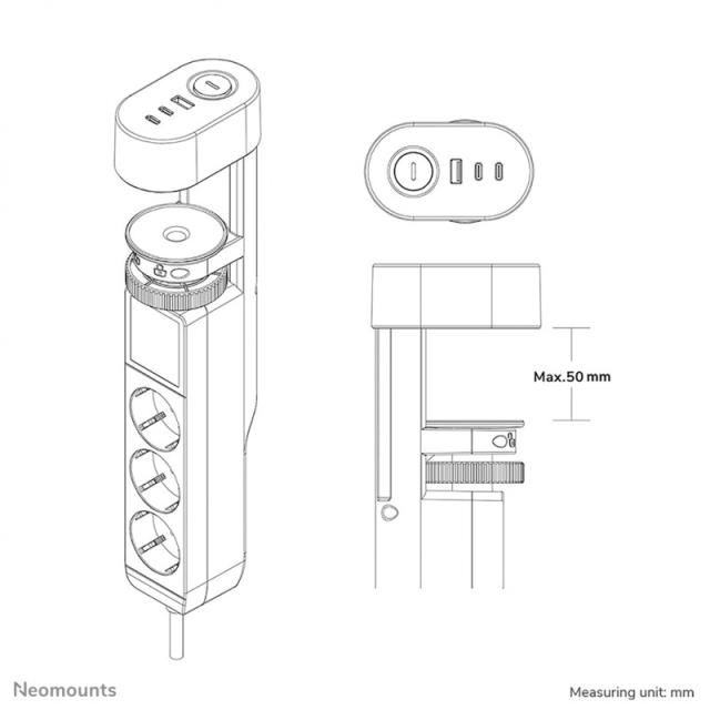Neomounts - DS22-840WH6 Regleta de sobremesa con abrazadera y puertos USB-C y USB-A - carga rápida