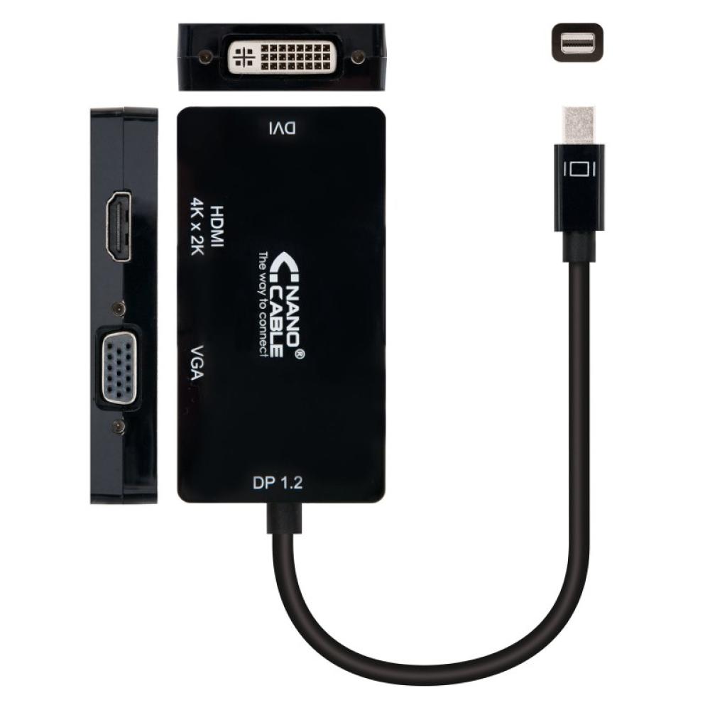 Nanocable - Conversor Mini DisplayPort a VGA / HDMI, 3 en 1, DP 1.2/M-VGA/H-HDMI/H 4K, Negro, 15 cm
