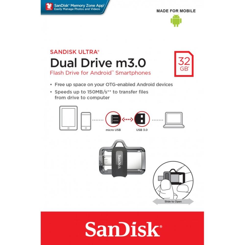 SanDisk - Ultra Dual m3.0 unidad flash USB 32 GB USB Type-A / Micro-USB 3.2 Gen 1 (3.1 Gen 1) Negro, Plata, Transparente