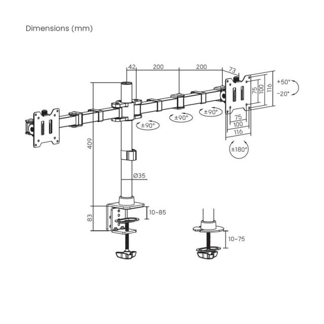 AISENS - Soporte de Mesa Eco Giratorio e Inclinable para Monitor/TV 20kg (3 Pivotes, 2 Brazos) de 17"-35", Negro