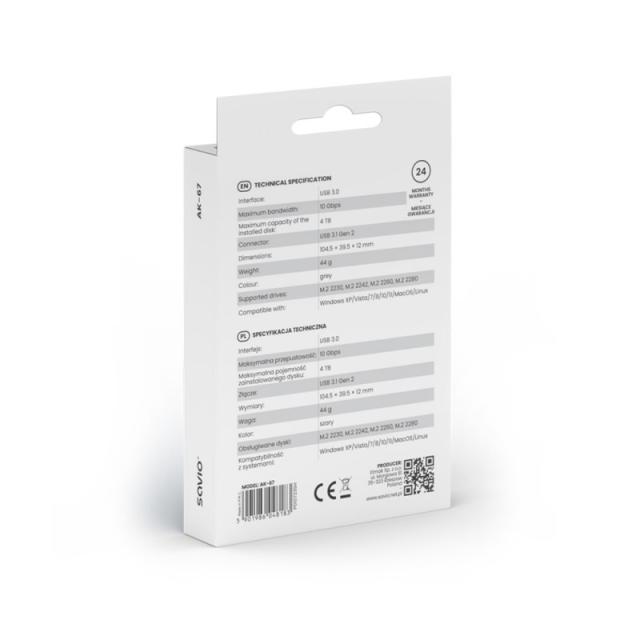 Savio - AK-67 caja para disco duro externo Caja externa para unidad de estado sólido (SSD) Gris M.2