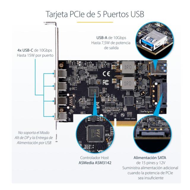 StarTech.com - Tarjeta PCIe de 5 Puertos USB de 10Gbps 4x USB-C / 1x USB-A - Hub Concentrador Interno USB 3.2 de 10Gbps - Tarjet