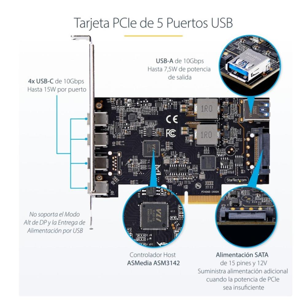 StarTech.com - Tarjeta PCIe de 5 Puertos USB de 10Gbps 4x USB-C / 1x USB-A - Hub Concentrador Interno USB 3.2 de 10Gbps - Tarjet