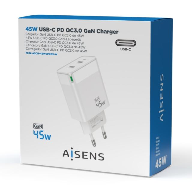 AISENS - Cargador Gan 45W, 2xUSB-C PD3.0 QC4.0, Blanco