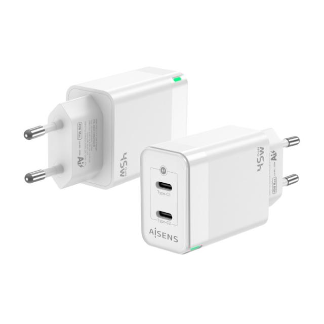 AISENS - Cargador Gan 45W, 2xUSB-C PD3.0 QC4.0, Blanco