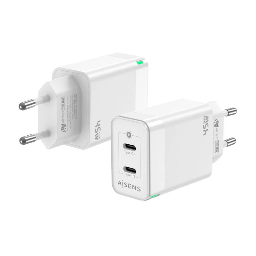 AISENS - Cargador Gan 45W, 2xUSB-C PD3.0 QC4.0, Blanco