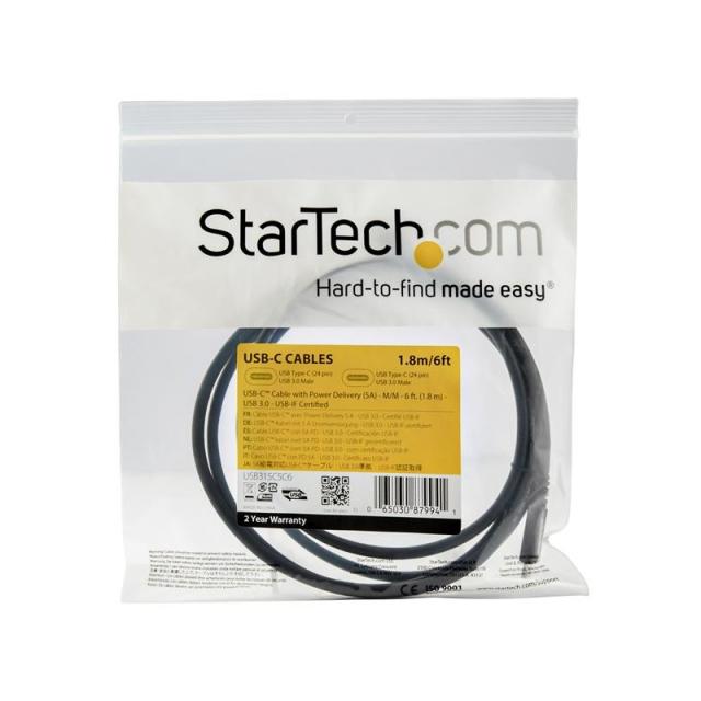 StarTech.com - Cable de 1,8m USB-C a USB-C - PD de 5A - USB TipoC - Certificado para Funcionar con Chromebook - USB-IF - M a M -
