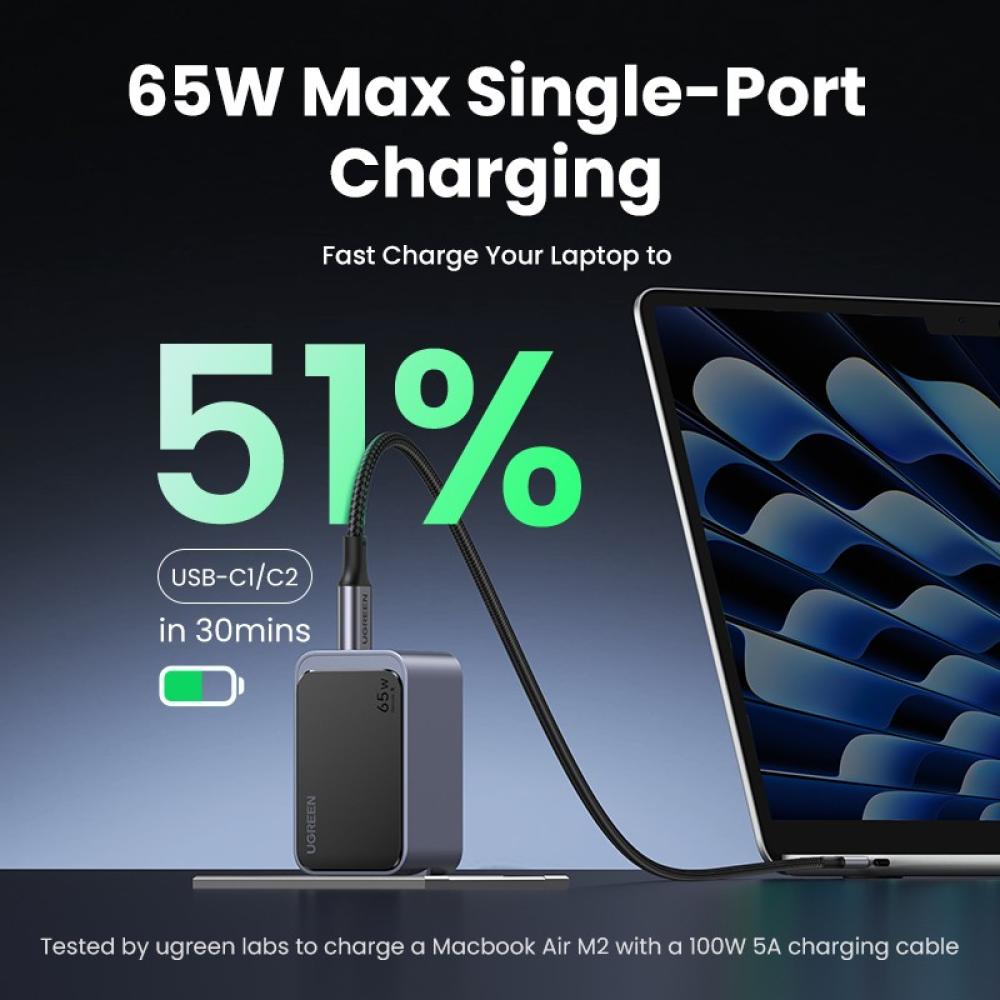 Ugreen - Nexode Air 65W sieninis kroviklis, USB + 2x USB-C pilkos spalvos Ordenador portátil, Teléfono móvil, Ratón, Portátil, B