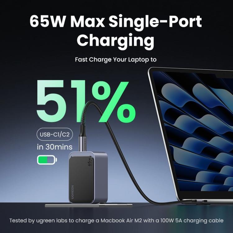 Ugreen - Nexode Air 65W sieninis kroviklis, USB + 2x USB-C pilkos spalvos Ordenador portátil, Teléfono móvil, Ratón, Portátil, B
