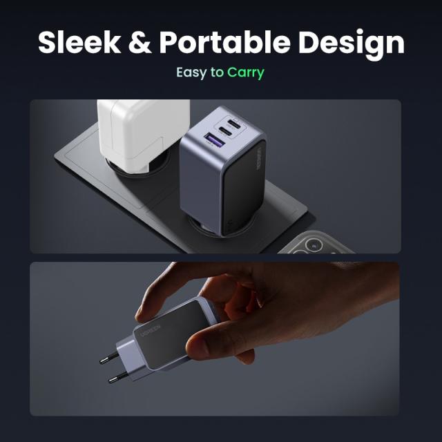 Ugreen - Nexode Air 65W sieninis kroviklis, USB + 2x USB-C pilkos spalvos Ordenador portátil, Teléfono móvil, Ratón, Portátil, B