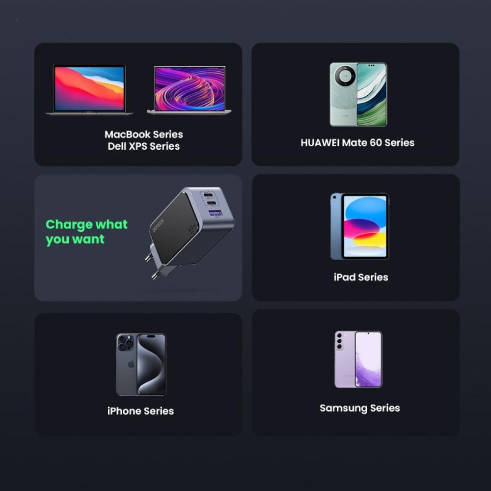 Ugreen - Nexode Air 65W sieninis kroviklis, USB + 2x USB-C pilkos spalvos Ordenador portátil, Teléfono móvil, Ratón, Portátil, B