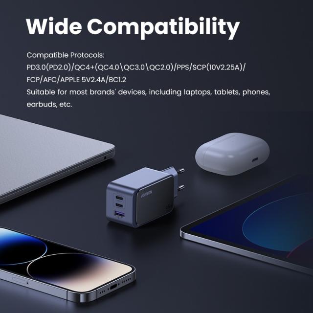 Ugreen - Nexode Air 65W sieninis kroviklis, USB + 2x USB-C pilkos spalvos Ordenador portátil, Teléfono móvil, Ratón, Portátil, B