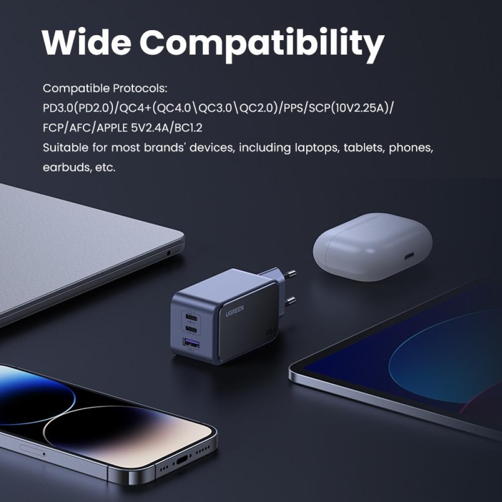 Ugreen - Nexode Air 65W sieninis kroviklis, USB + 2x USB-C pilkos spalvos Ordenador portátil, Teléfono móvil, Ratón, Portátil, B