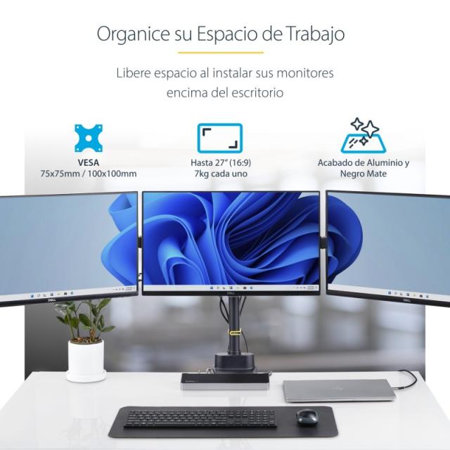 StarTech.com - Soporte de Escritorio para 3 Monitores VESA 75x75/100x100 de 27 Pulgadas - Grommet o Abrazadera en C - Ajuste sin