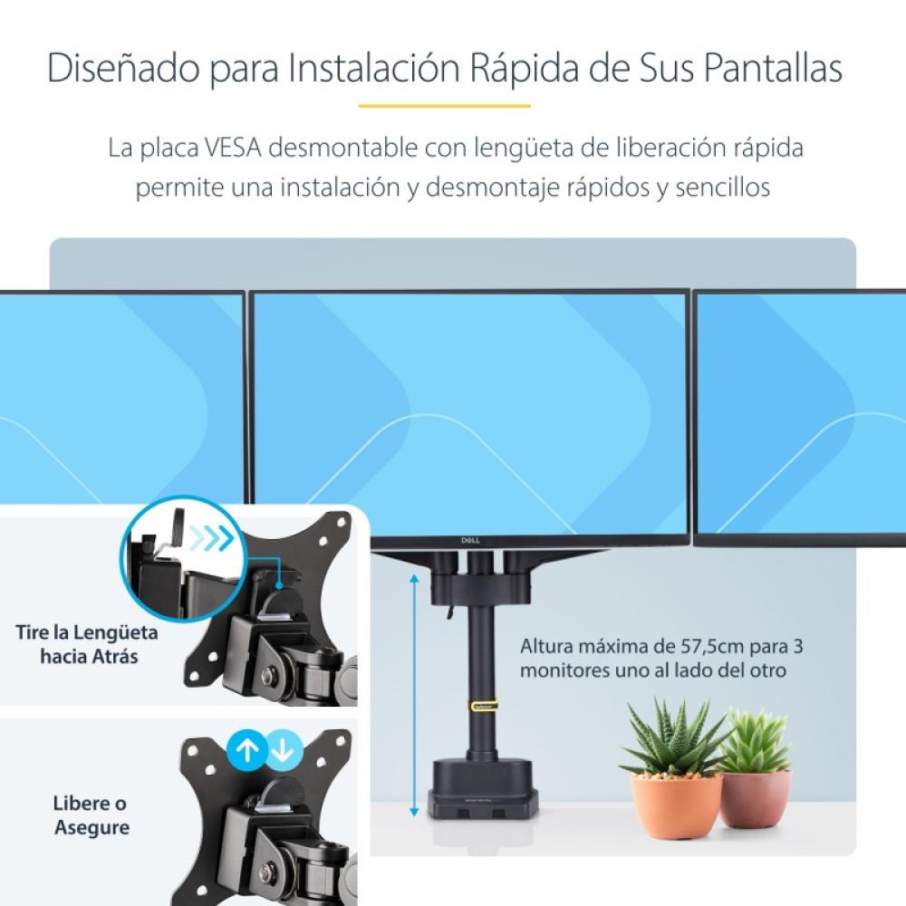 StarTech.com - Soporte de Escritorio para 3 Monitores VESA 75x75/100x100 de 27 Pulgadas - Grommet o Abrazadera en C - Ajuste sin