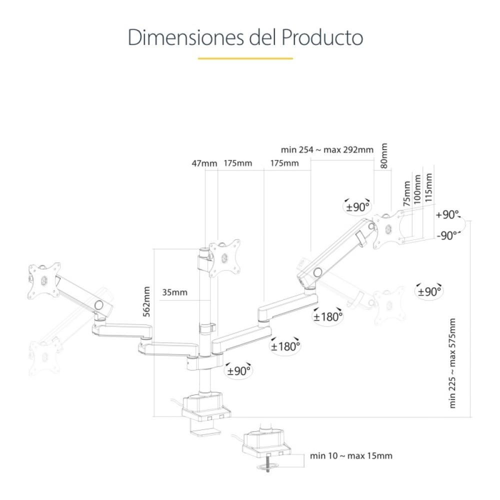 StarTech.com - Soporte de Escritorio para 3 Monitores VESA 75x75/100x100 de 27 Pulgadas - Grommet o Abrazadera en C - Ajuste sin