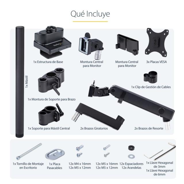 StarTech.com - Soporte de Escritorio para 3 Monitores VESA 75x75/100x100 de 27 Pulgadas - Grommet o Abrazadera en C - Ajuste sin