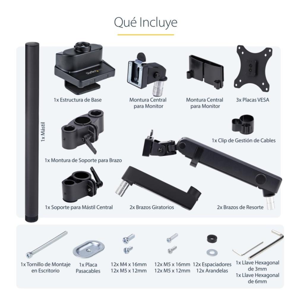 StarTech.com - Soporte de Escritorio para 3 Monitores VESA 75x75/100x100 de 27 Pulgadas - Grommet o Abrazadera en C - Ajuste sin