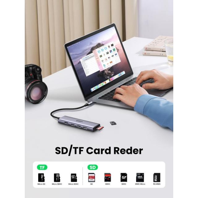 Ugreen - CM511 5-in-1 Adapter USB-C Hub to 3x USB3.0 + HDMI + TF/SD Gray