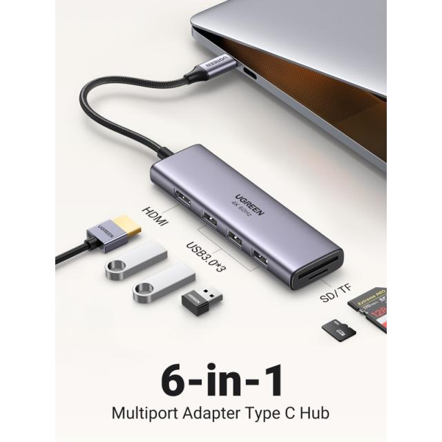 Ugreen - CM511 5-in-1 Adapter USB-C Hub to 3x USB3.0 + HDMI + TF/SD Gray